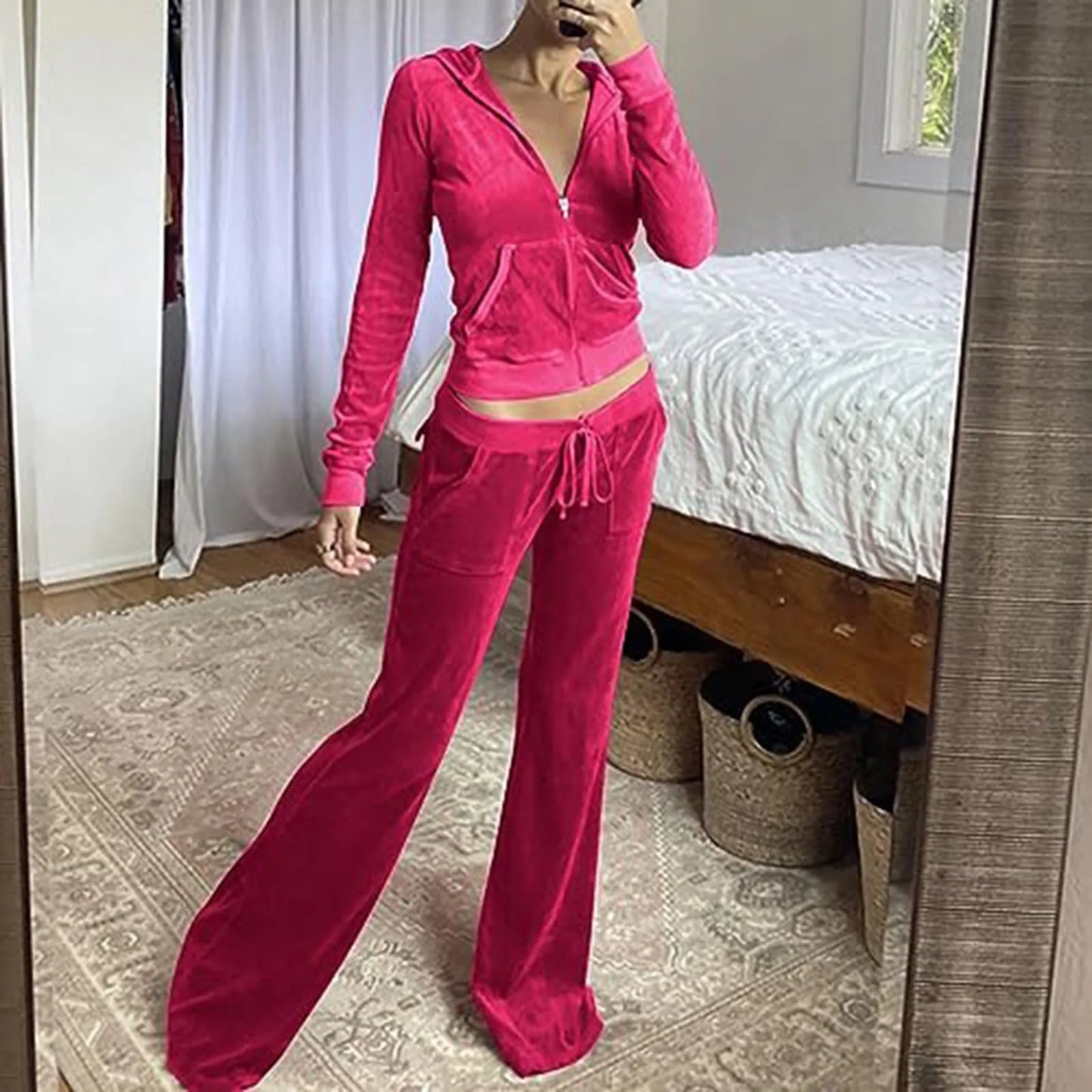 Women Velvet Jogging Suit Autumn Casual Velour Hoodie Cropped Top Jacket With Wide Leg Pants Tracksuits Women's Two Piece Set