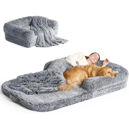 Foldable Human Dog Bed, 72"x44"x11" Orthopedic Memory Foam Human Sized Dog Bed, Waterproof Pet Bed for People, Faux Fur Pet Couc
