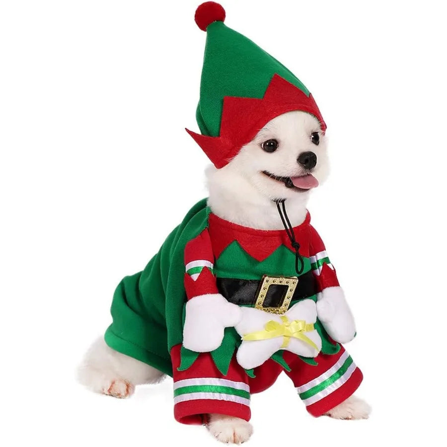 Dog Cat Christmas Elf Costume with Hat Pet Christmas Winter Fleece Coat Clothes Puppy Xmas Outfit Apparel