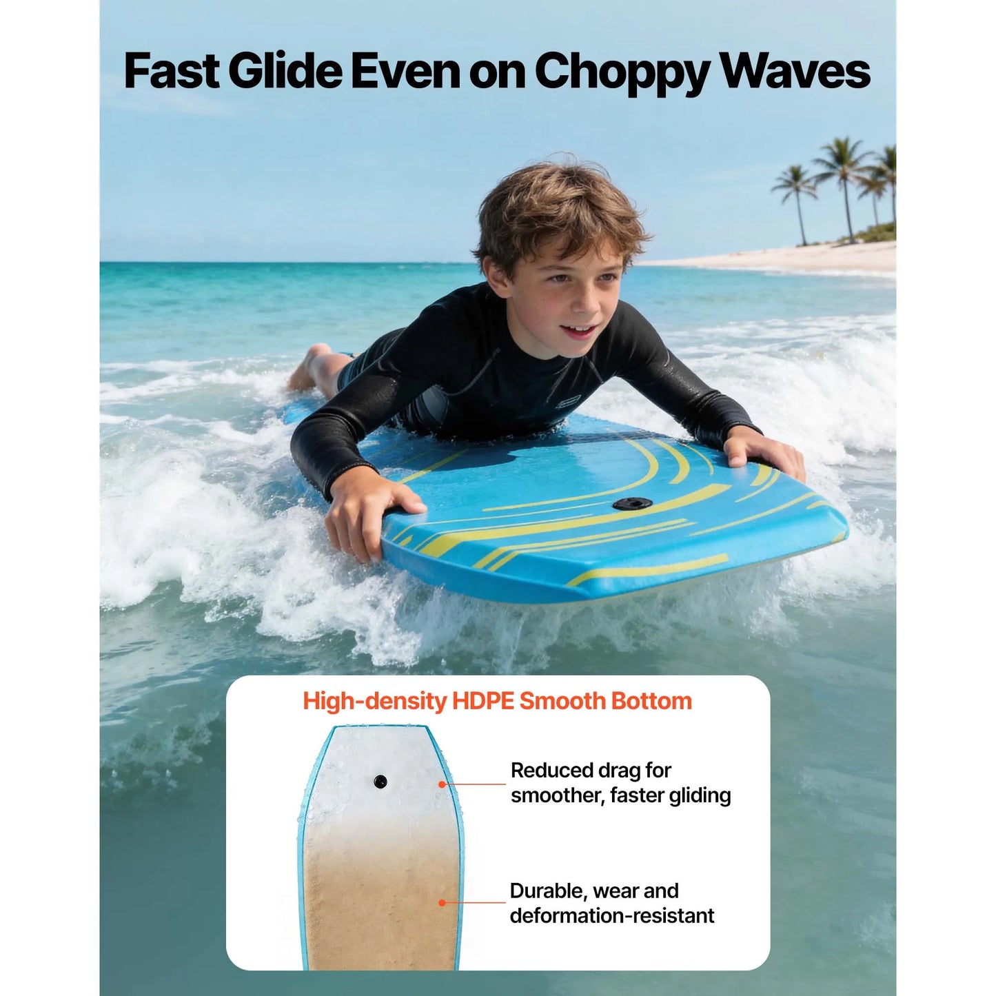 SucceBuy 42-Inch Bodyboard Body Board Trainer with EPS Foam Core & Wrist Leash UV-Resistant for Beginners Youth Up to 180 lbs