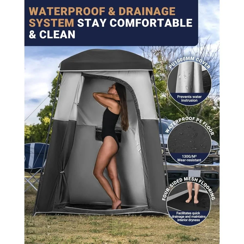 Camping Shower Tent, Portable Outdoor Privacy Toilet & Changing Tent Windproof & Waterproof Easy Setup 1 or 2 Room Shelter with