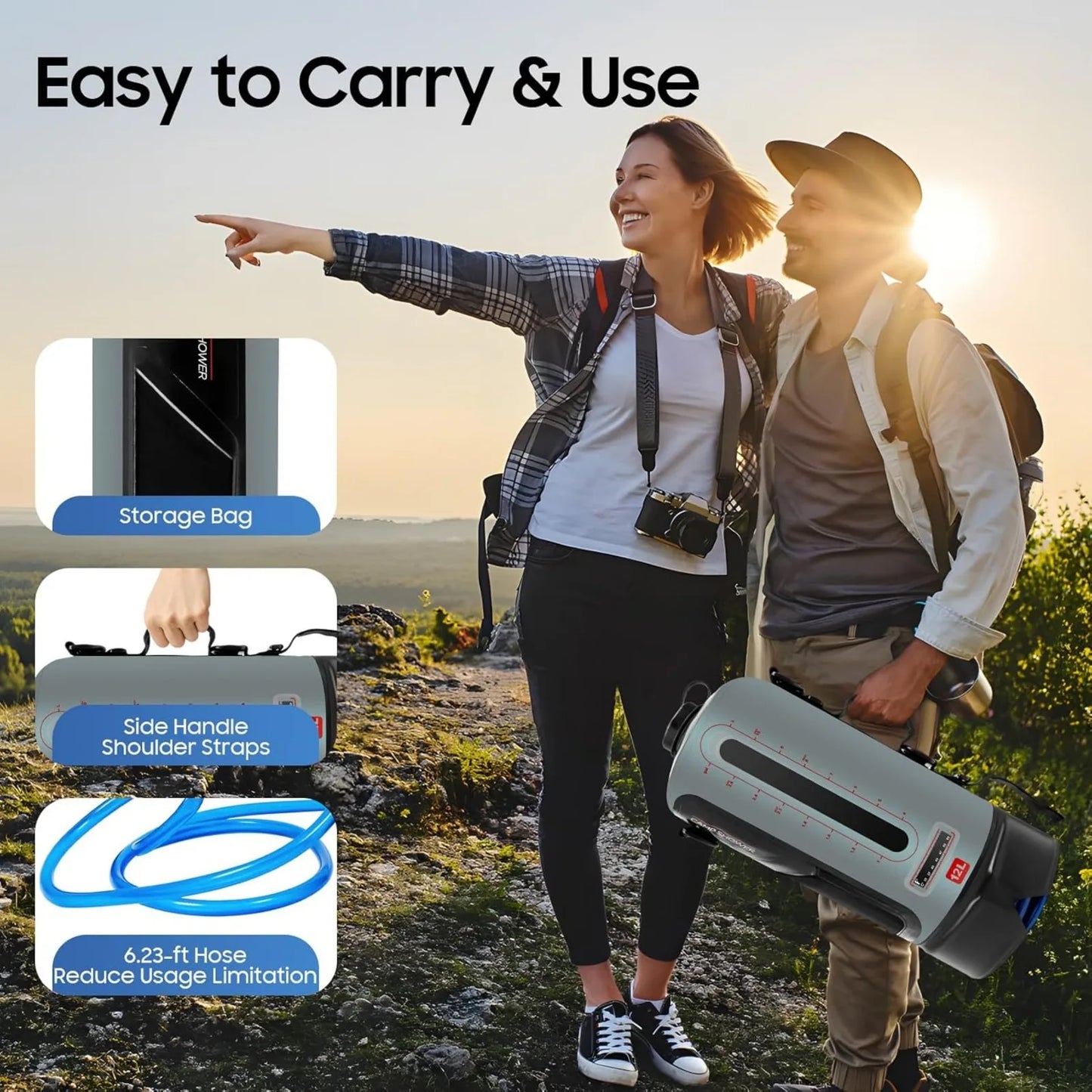 Camping Shower 12L Portable Pressure Camp Shower with Pump 3 Gallon Shower Head & Removable Hose for Trips, Bathing