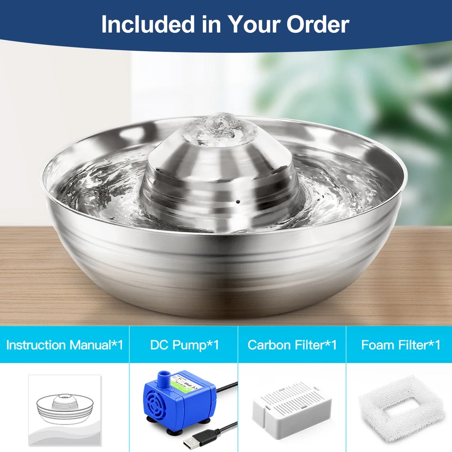Dog Cat Water Fountain Stainless Steel Pet Drinking Fountain for Cats Small Dogs 2L Ultra-Quiet Automatic Fountains Dog Drinker