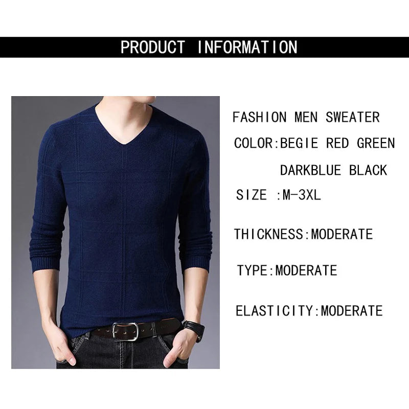 BROWON 2026 New Mens Clothes Spring Autumn Solid Color Casual V-Neck Sweaters Korean Fashion Slim Fit Long-Sleeved Sweater Men