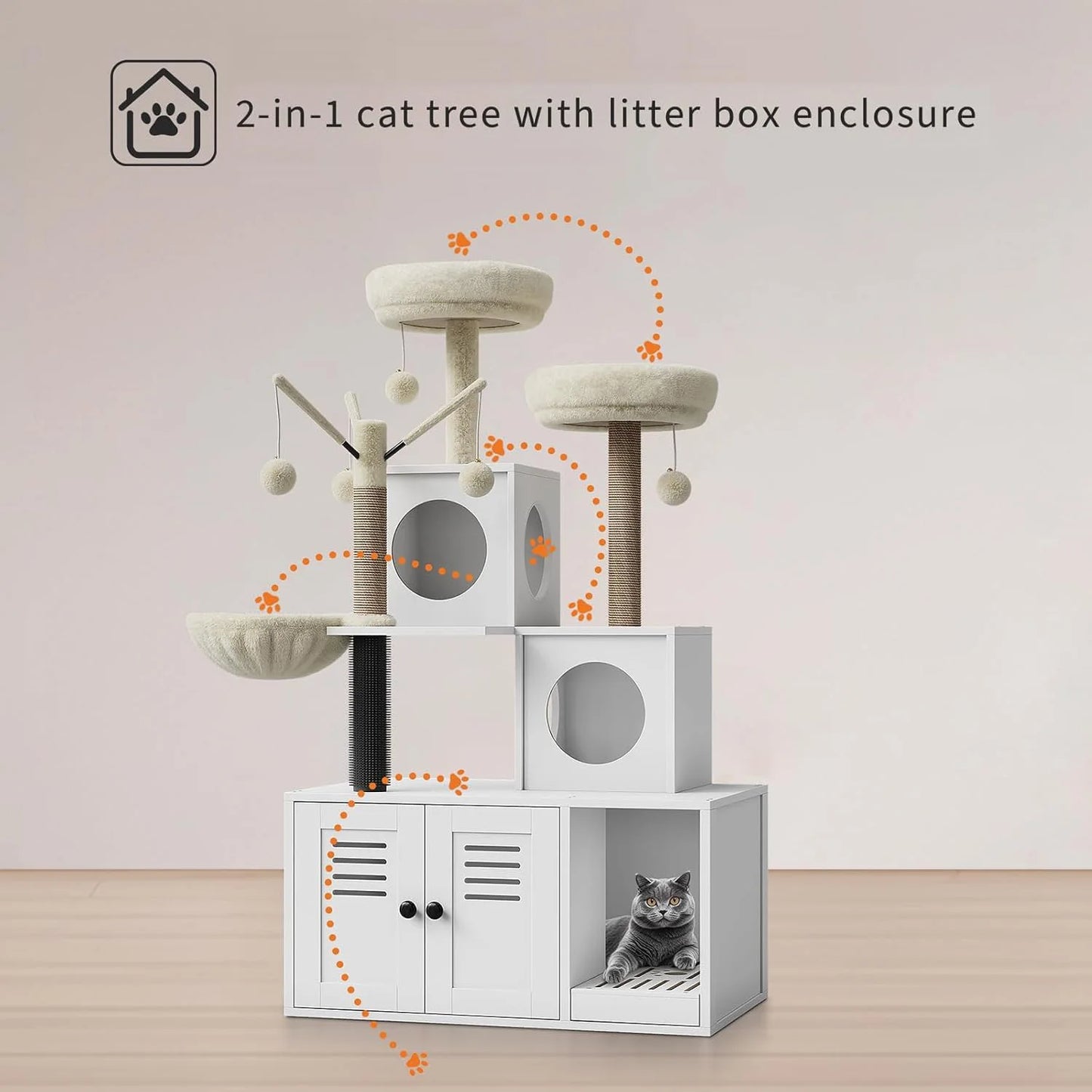 3-in-1 Cat Litter Box Enclosure With Cat Tree Tower Hidden Washroom Furniture Sisal Scratching Post & Plush Perch