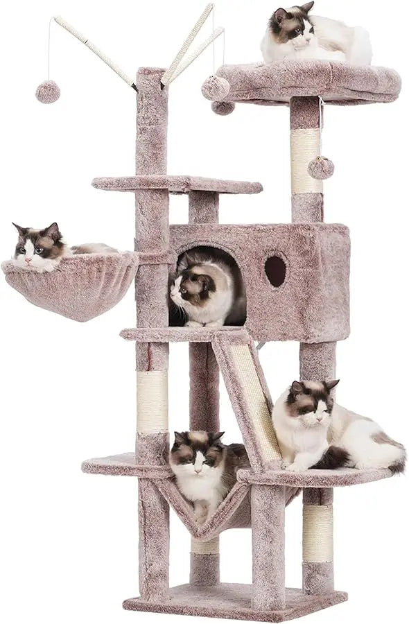 Hey-brother Cat Tree, 53 inch Cat Tower for Indoor Cats, Cat House with Padded Platform Bed, Toy Balls, Large Cozy Condo, Hammoc