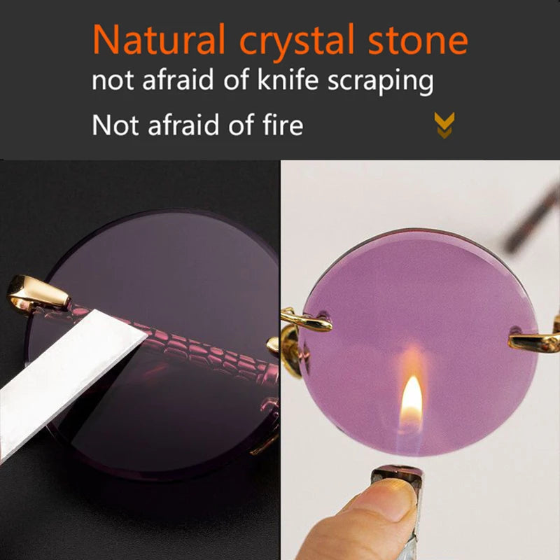 Purple Crystal Stone Glass Sunglasses Man Rimless Round Sun Glasses Woman Mineral Lens Acetate Frame Anti Scratch Top Quality