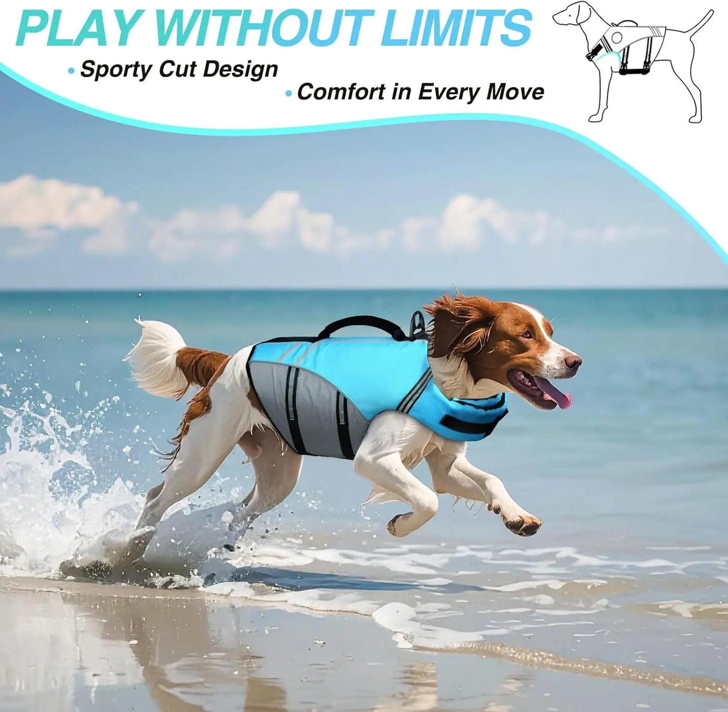 Sports Dog Life Vest with Handle, Ripstop Buoyancy Jacket for Swimming & Boating, Adjustable Fit in Blue