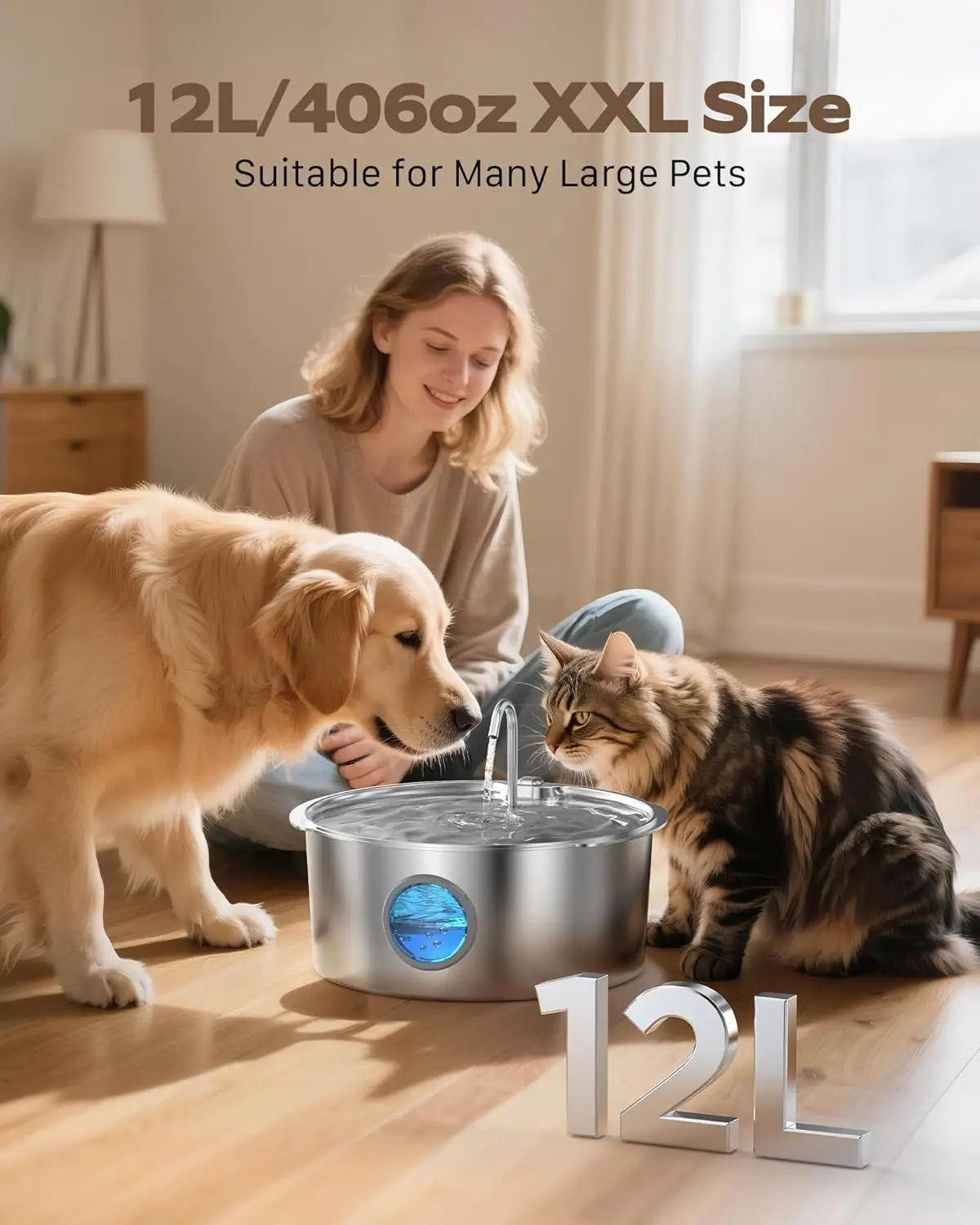 Large Pet Water Fountain: 12L Stainless Steel Bowl with Quiet Pump & Visual Water Level for Dogs Cats