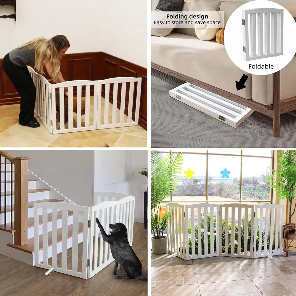 Foldable Freestanding Indoor Dog Gate for House Wood White Long Pet Gates Dog Fence for Stairs Puppy Gates for Hallways,Pet Fenc