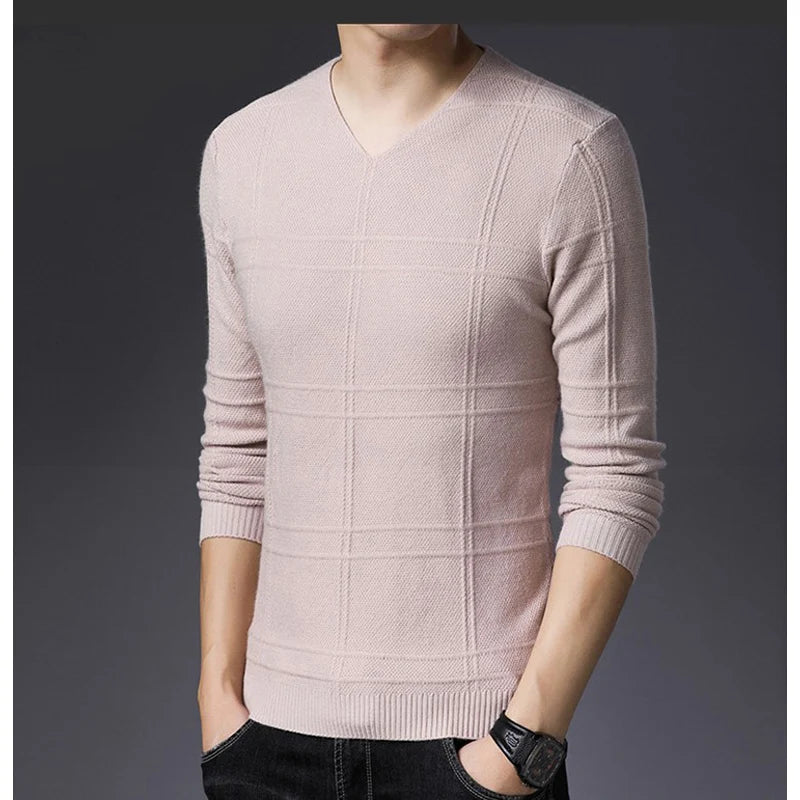 BROWON 2026 New Mens Clothes Spring Autumn Solid Color Casual V-Neck Sweaters Korean Fashion Slim Fit Long-Sleeved Sweater Men