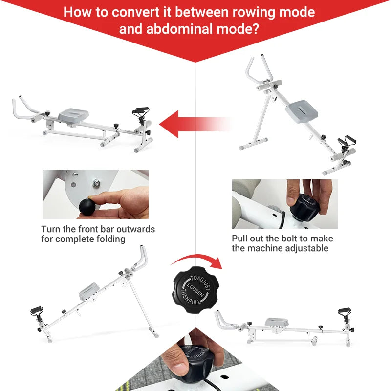UMAY 4-in-1 ab-trainer combined rowing machine with adjustable height levels, elastic band attached abdominal machine.