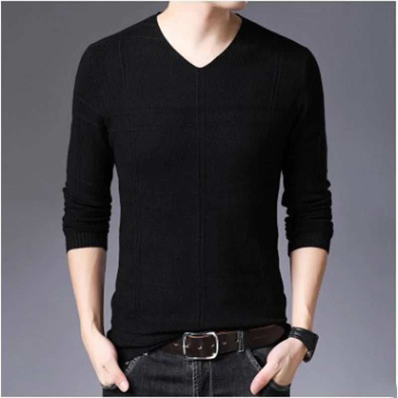 BROWON 2026 New Mens Clothes Spring Autumn Solid Color Casual V-Neck Sweaters Korean Fashion Slim Fit Long-Sleeved Sweater Men
