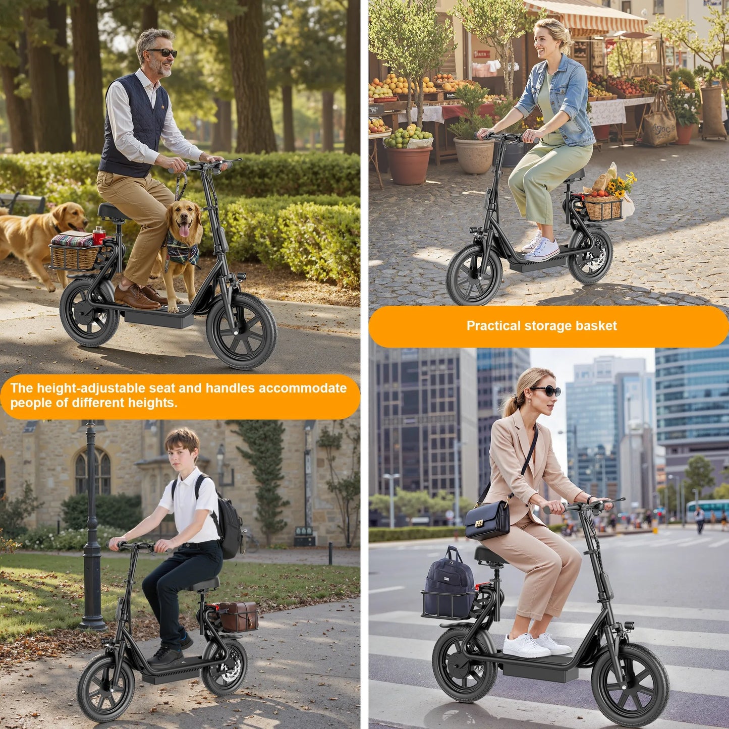 JOYHIS JH1 Electric Scooter with Seat for Adult, 20MPH Speed Power by 500W Motor, 48V/10.4Ah Wider Deck & Height Carry Basket
