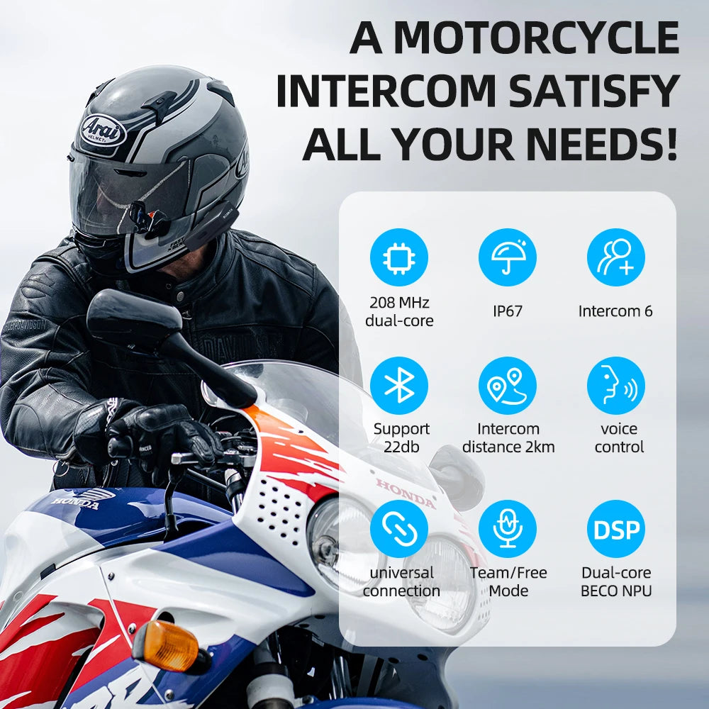 New motorcycle helmet, Bluetooth earphones, 2-kilometer remote intercom, intelligent noise reduction, IP67 waterproof, fast char