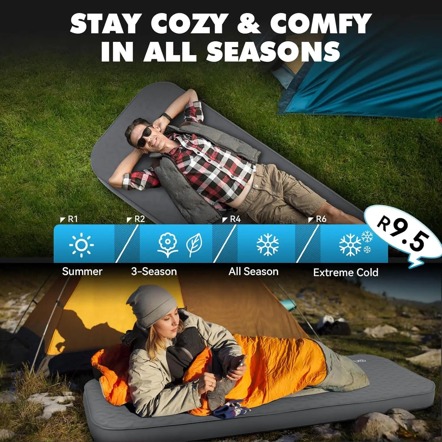 4" Thick Self Inflating Sleeping Pad,Foam & Air Camping Mattress,9.5 R-Value Insulated Sleeping Mat, Portable All Season Camping