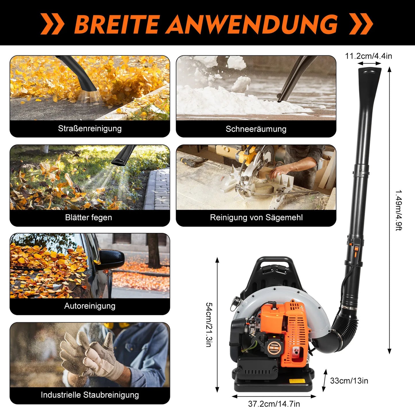 63CC 2-Stroke Petrol Backpack Leaf Blower Yard Debris Cleaner 6800RPM 2.7kW  Lightweight Air-Cooled for Outdoor Lawn Snow