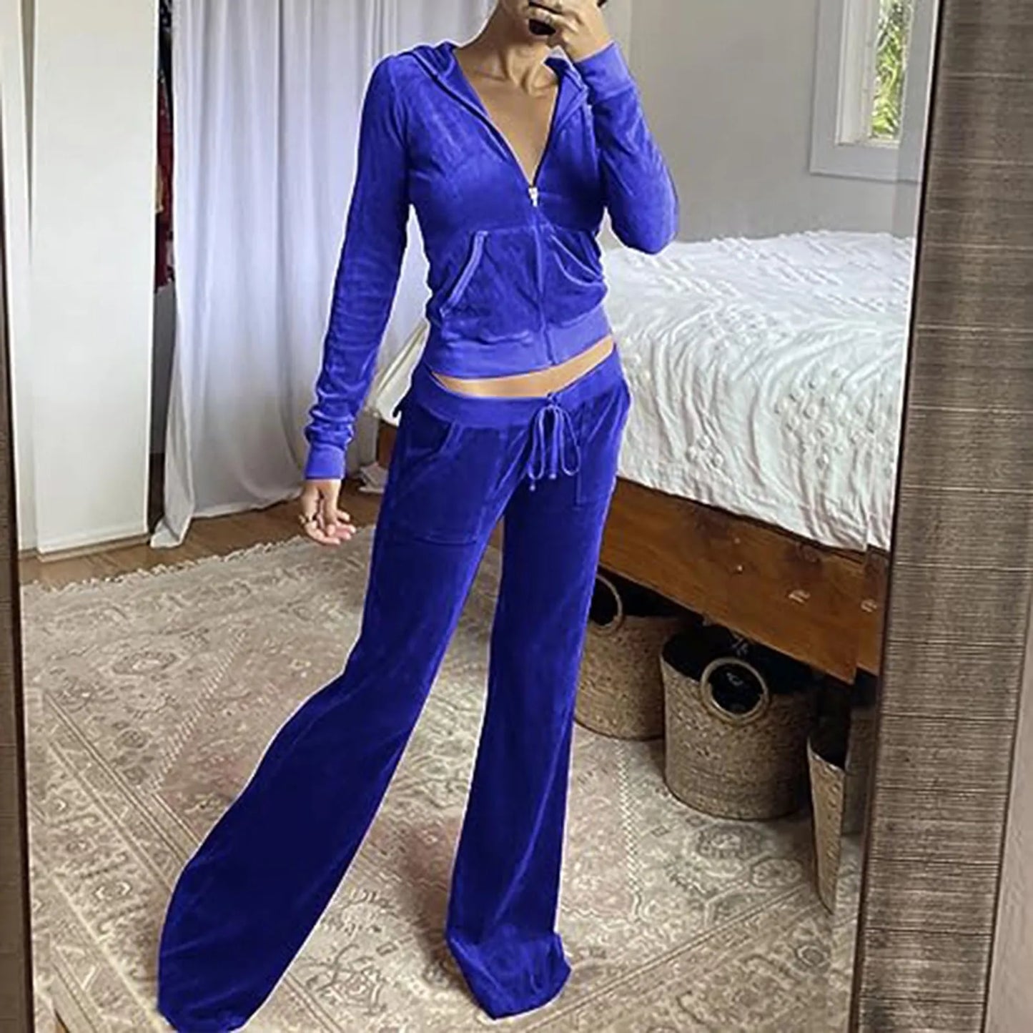 Women Velvet Jogging Suit Autumn Casual Velour Hoodie Cropped Top Jacket With Wide Leg Pants Tracksuits Women's Two Piece Set