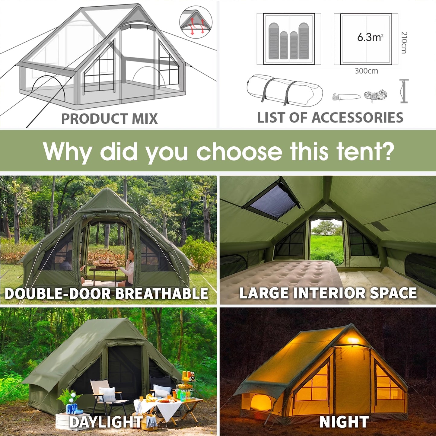 Inflatable Camping Tent with Skylight,Quick Setup Blow Up Tent with hand pump,4 Season Air Tent with Stove Jack&AC Vent