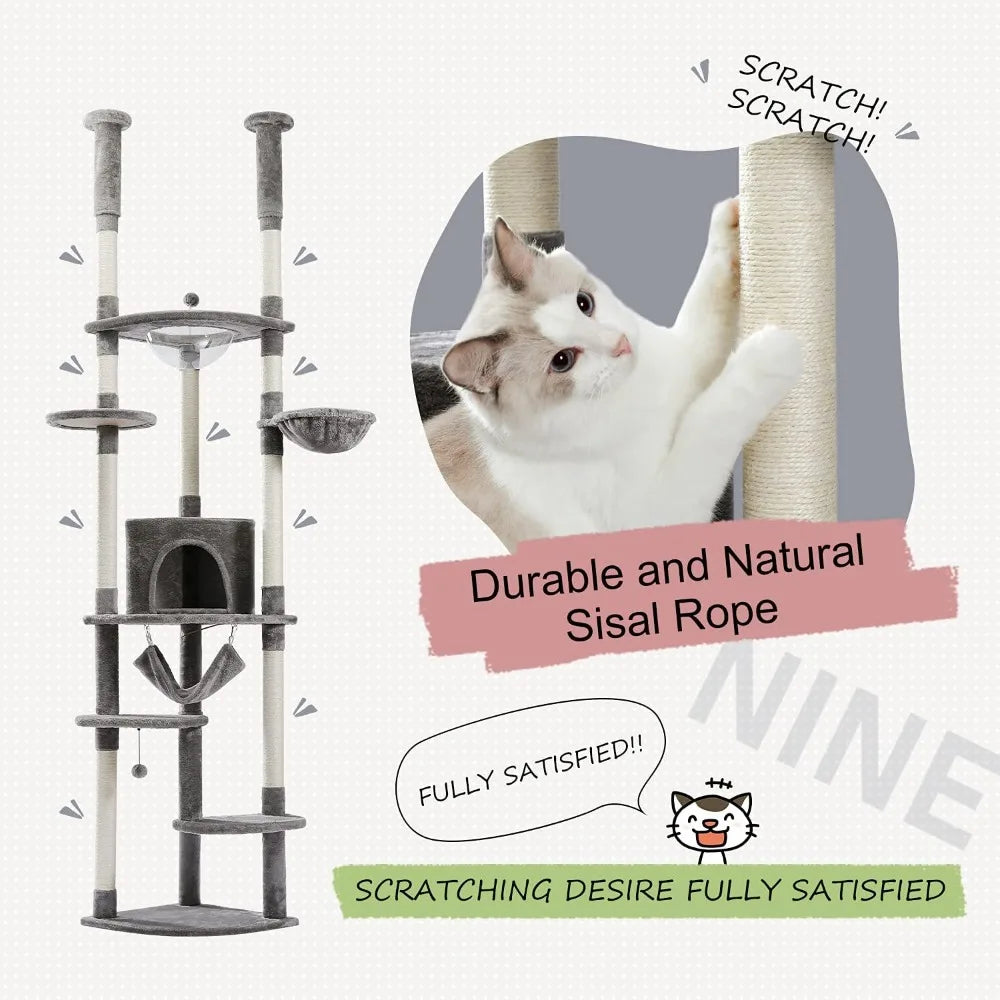 Floor to Ceiling Cat Tree 92.9’’-101.6’’ Height Adjustable Cat Tower Tall Kitty Climbing Play House with Scratching Posts