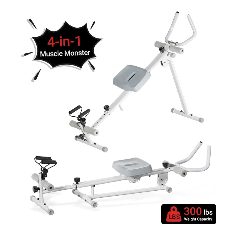 UMAY 4-in-1 ab-trainer combined rowing machine with adjustable height levels, elastic band attached abdominal machine.