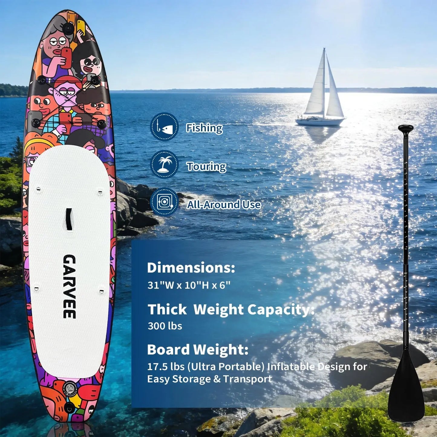 10'6" Wide Stable Inflatable Stand Up Paddle Board for Adults, Complete SUP Kit with Electric & Manual Pump, Soft Seat, Camera Mount, Leash & Backpack