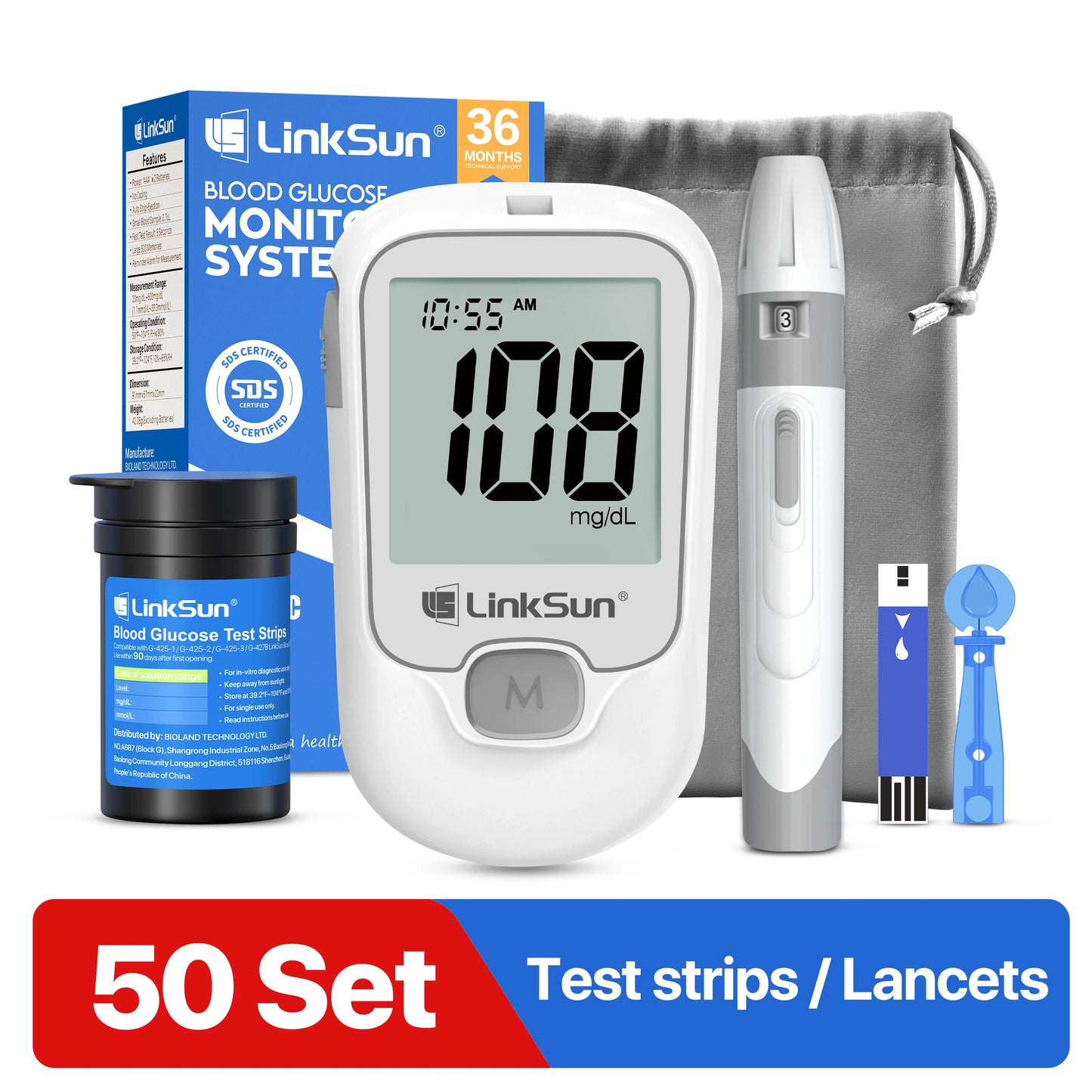 G-425-1 LinkSun Blood Glucose Meter Kit 50/100pcs Test Strips Lancets for Diabetes Monitor Digital Glucometer Blood Sugar Meter