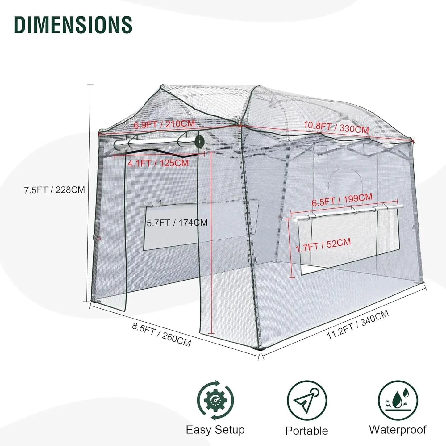 11 x 8.5 x 7.5 FT Walk-in Greenhouse, Portable Pop-up Greenhouse for Indoor Outdoor, Plant Garden Green House with, Customized