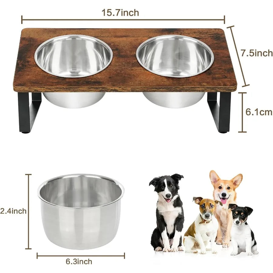 Elevated Dog Bowls for Small and Medium Dogs: Wooden Raised Bowl Stand with Two Stainless Steel Deep Food and Water Dishes Anti