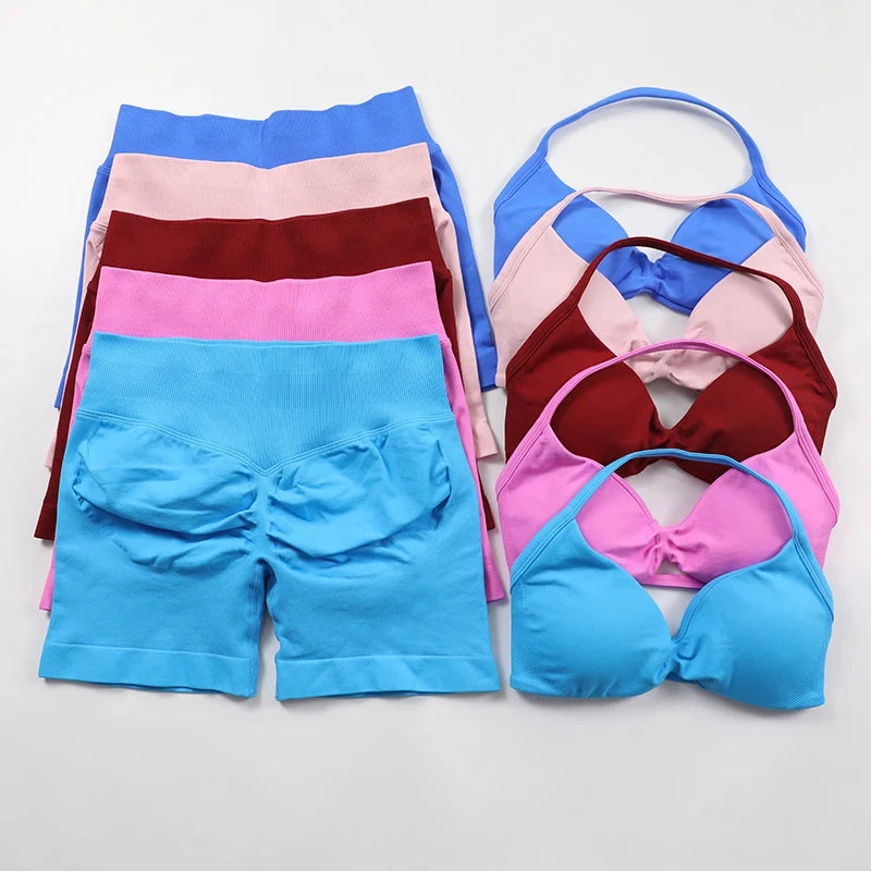 Yoga Strappy Bra Leggings Gym Set Women's Seamless High Elastic Gym Bra Vest Buttock lift Shorts Set Daily Exercise Sports Set