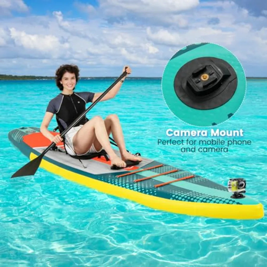 Inflatable SUP Board with Kayak Seat Camera Mount Direction Fin Paddle Carry Backpack Extra Wide for Adults Youth Floating Fish