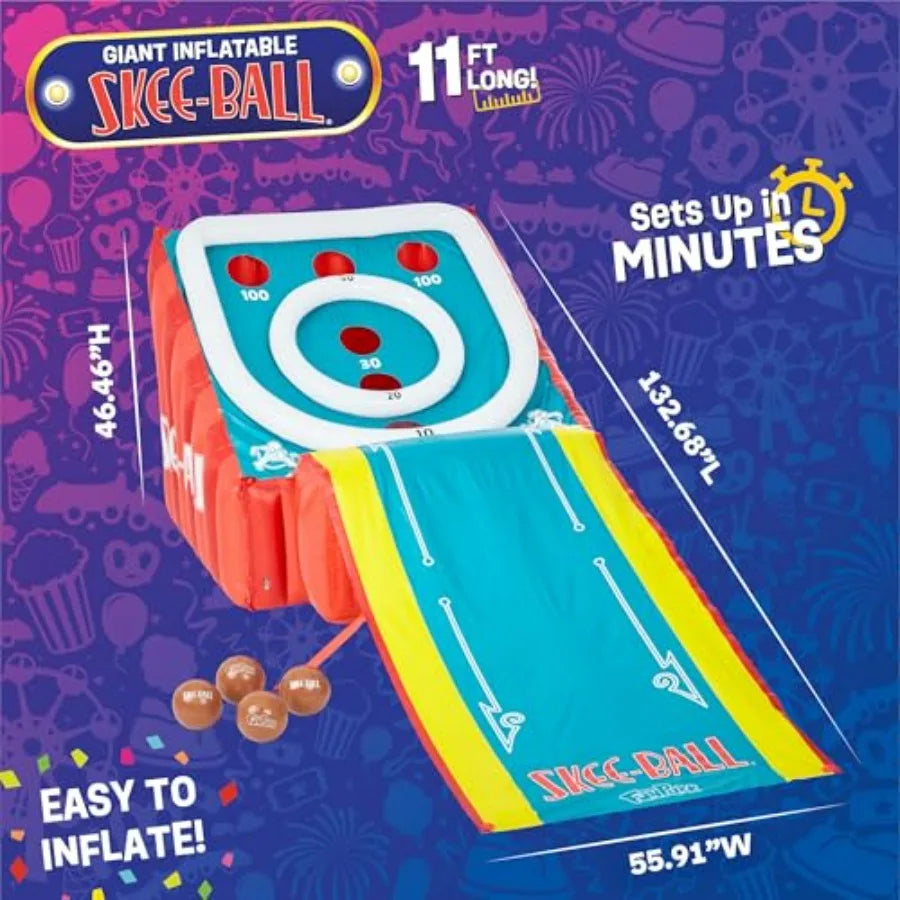 11 Ft Inflatable Skee-Ball Game with 4 Balls and Electric Pump for Backyard Indoor Outdoor Family Fun; Giant Arcade Toy in Blue