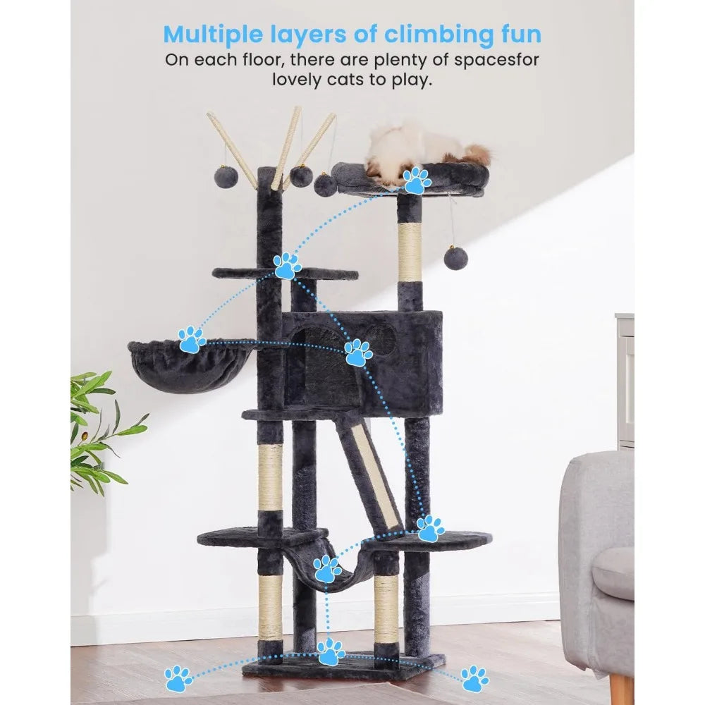 Hey-brother Cat Tree, 53 inch Cat Tower for Indoor Cats, Cat House with Padded Platform Bed, Toy Balls, Large Cozy Condo, Hammoc