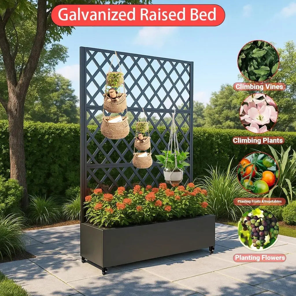 Metal Raised Garden Bed, 72" H x 47" W Privacy Planter Box with Trellis and Wheels, Hook, Freestanding Privacy Planter Box for C