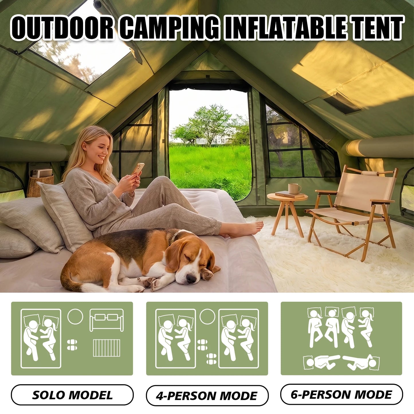 Inflatable Camping Tent with Skylight,Quick Setup Blow Up Tent with hand pump,4 Season Air Tent with Stove Jack&AC Vent