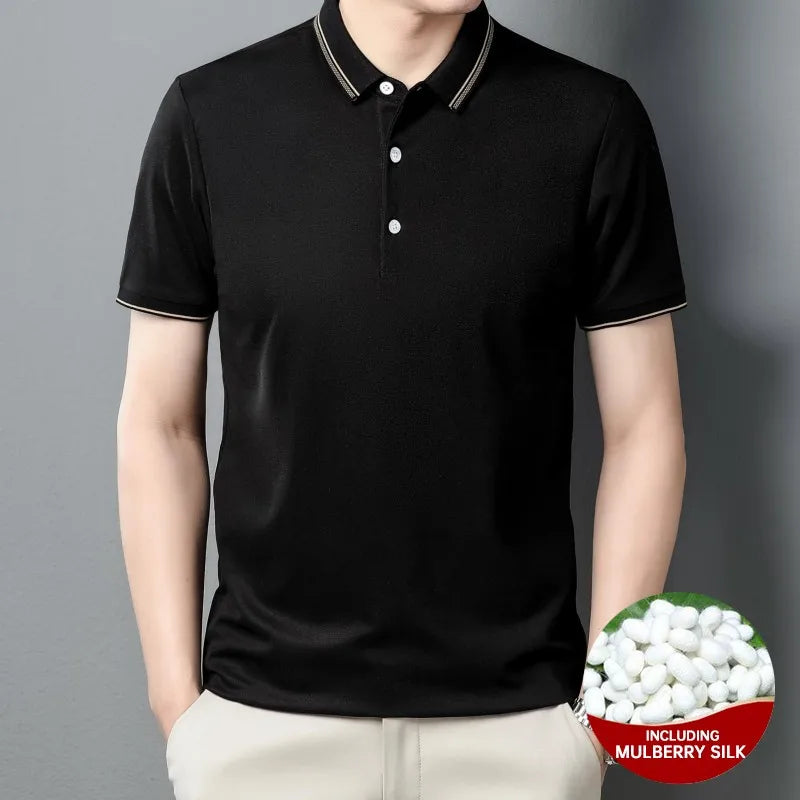 High End With Mulberry Silk New Mecerized Cotton Summer Men's Polo Shirts Short Sleeve Casual Tops Fashions Mens Clothes 2025