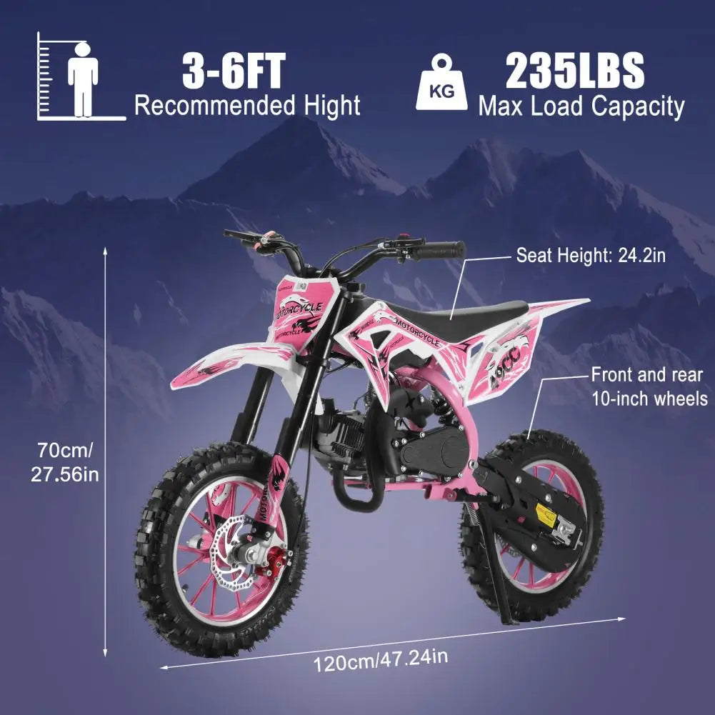 49cc 2-Stroke Pink Dirt Bike, Gas Power Motocross, Equipped With Front And Rear Disc Brakes, Pull-start, Cool Birthday Gift