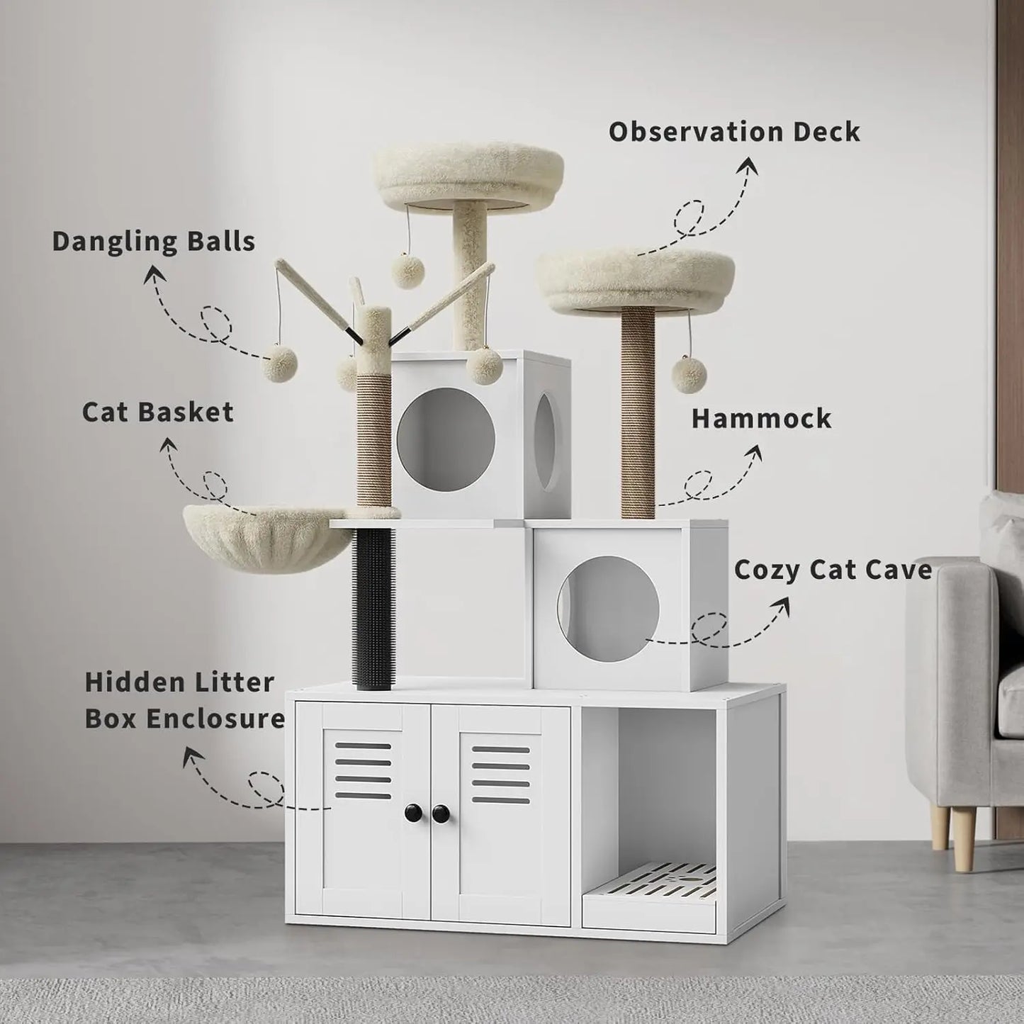 3-in-1 Cat Litter Box Enclosure With Cat Tree Tower Hidden Washroom Furniture Sisal Scratching Post & Plush Perch