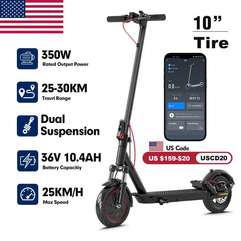 Mankeel MK085 Pro Electric Scooter 350W 36V Max 19MPH Dual Shock Absorption 19Miles Long Range Smart APP Commute E-scooter Adult