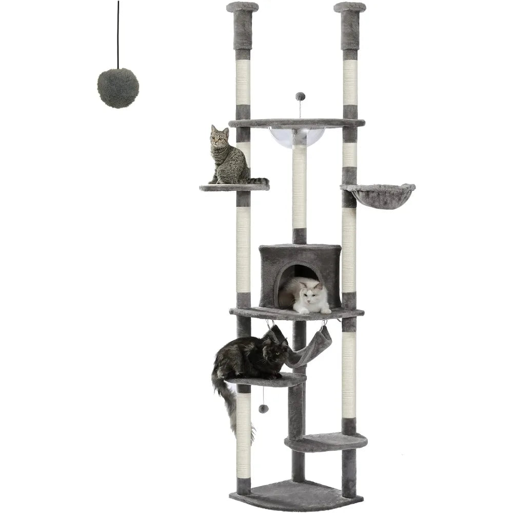 Floor to Ceiling Cat Tree 92.9’’-101.6’’ Height Adjustable Cat Tower Tall Kitty Climbing Play House with Scratching Posts