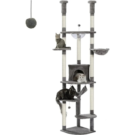 Floor to Ceiling Cat Tree 92.9’’-101.6’’ Height Adjustable Cat Tower Tall Kitty Climbing Play House with Scratching Posts