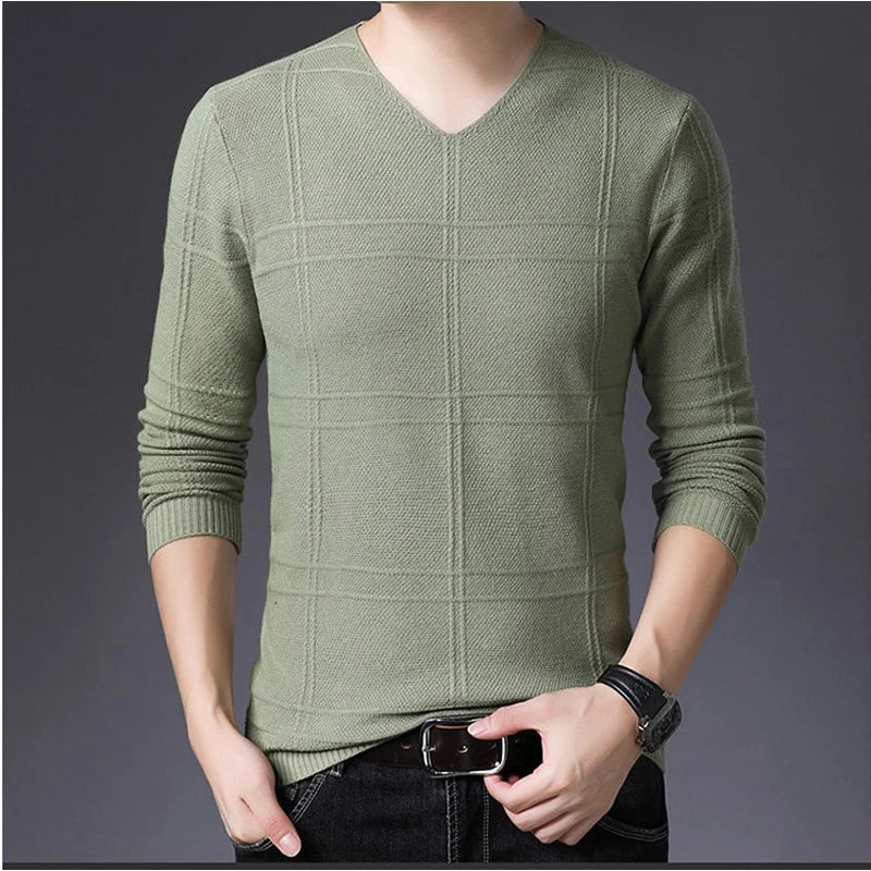 BROWON 2026 New Mens Clothes Spring Autumn Solid Color Casual V-Neck Sweaters Korean Fashion Slim Fit Long-Sleeved Sweater Men
