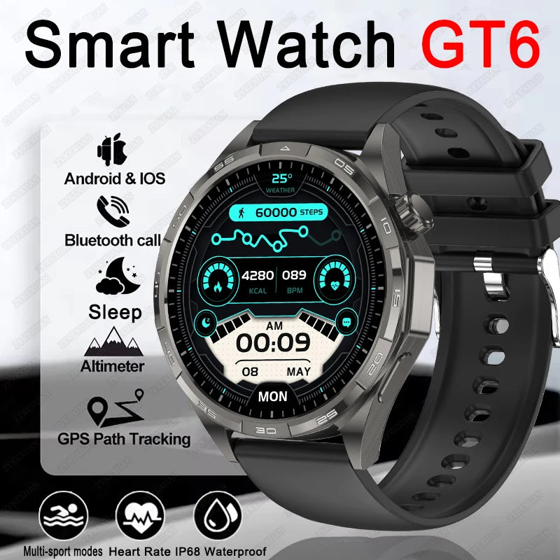New Watch GT6 Smart Watch Men HD AMOLED Screen Always Show Time GPS Track Heart Rate Bluetooth Call Waterproof Sports Smartwatch