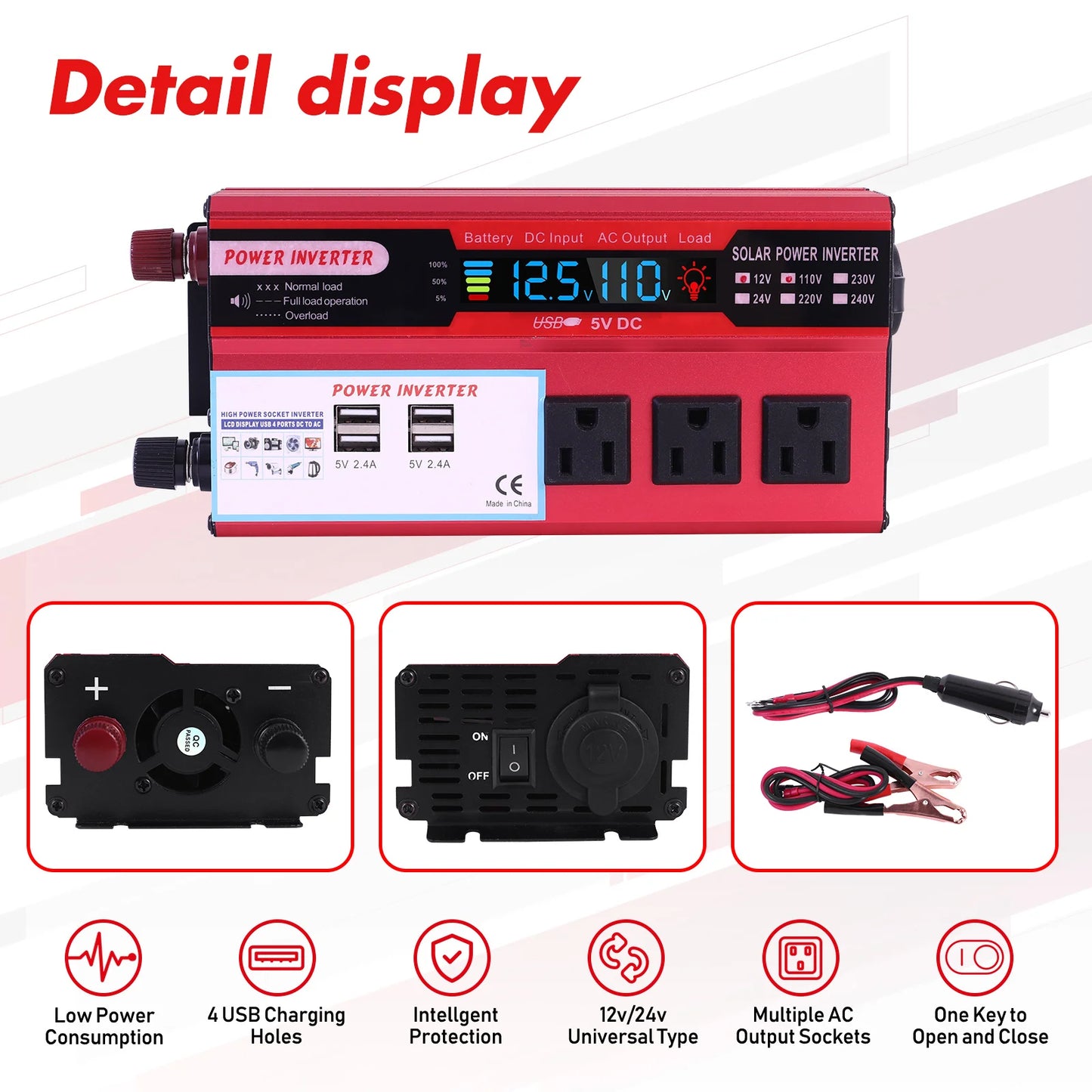 5000W Car Converter Power Inverter DC 12V To AC 110V Converter LCD 4 USB Ports and 110V AC Outlet Cigarette Lighter Battery