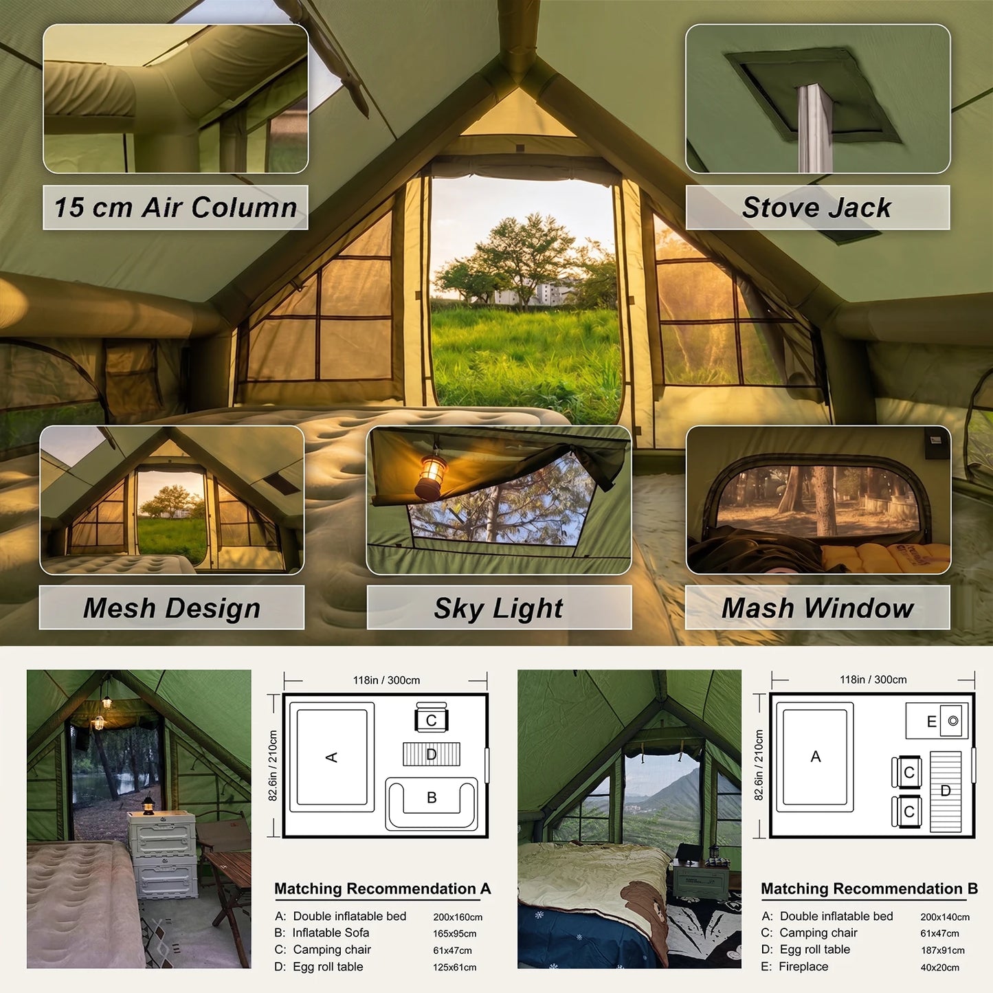Inflatable Camping Tent with Skylight,Quick Setup Blow Up Tent with hand pump,4 Season Air Tent with Stove Jack&AC Vent