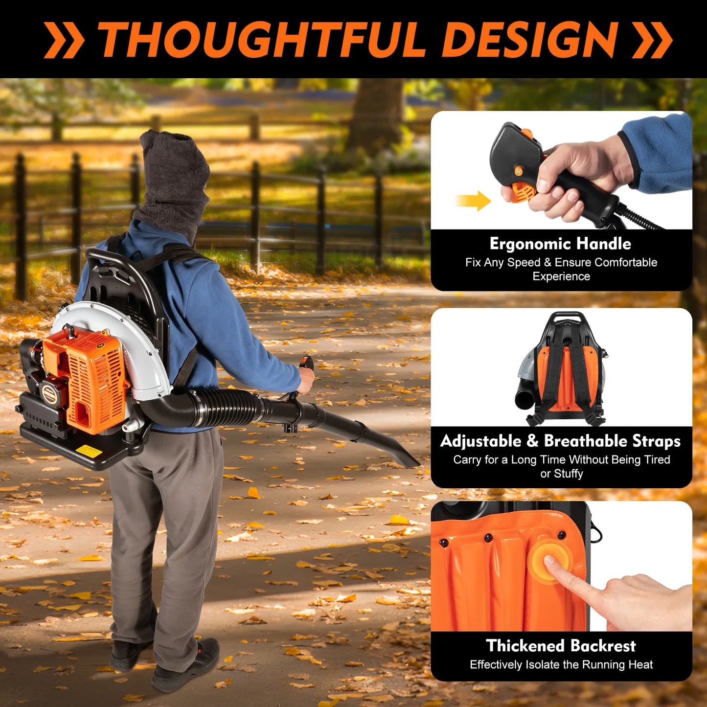 63CC 2-Stroke Petrol Backpack Leaf Blower Yard Debris Cleaner 6800RPM 2.7kW  Lightweight Air-Cooled for Outdoor Lawn Snow