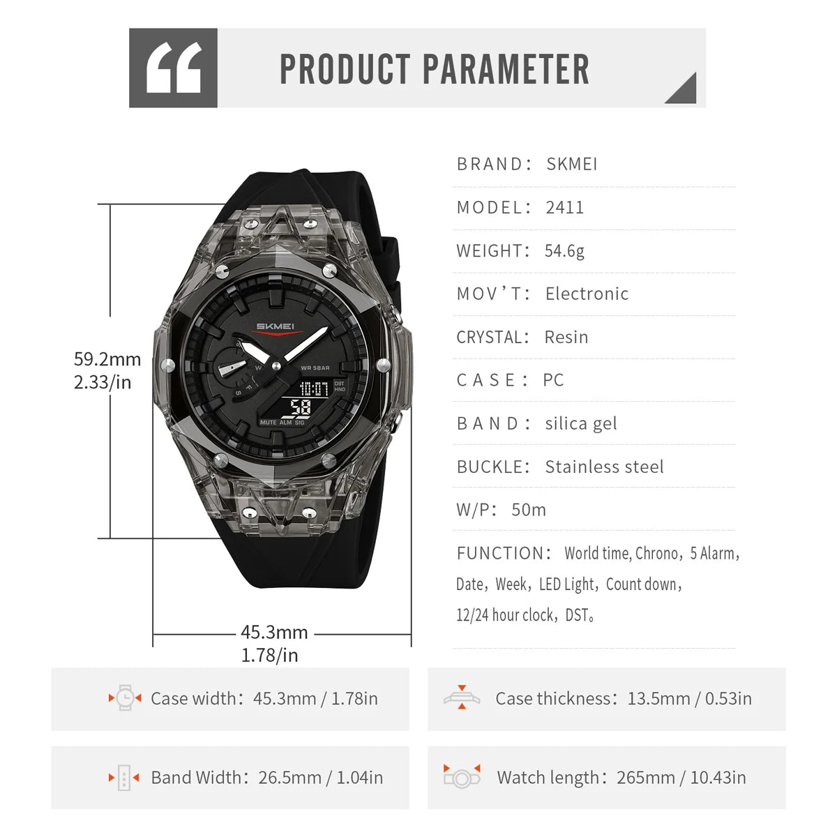 SKMEI Sports Electronic Watches 5 Alarm Dual Time Display Digital Watch For Men Women Waterproof Daylight Saving Time Wristwatch