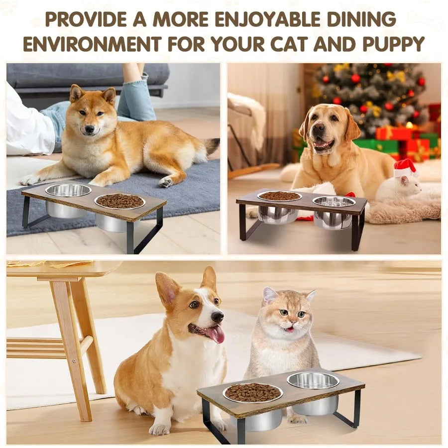 Elevated Dog Bowls for Small and Medium Dogs: Wooden Raised Bowl Stand with Two Stainless Steel Deep Food and Water Dishes Anti