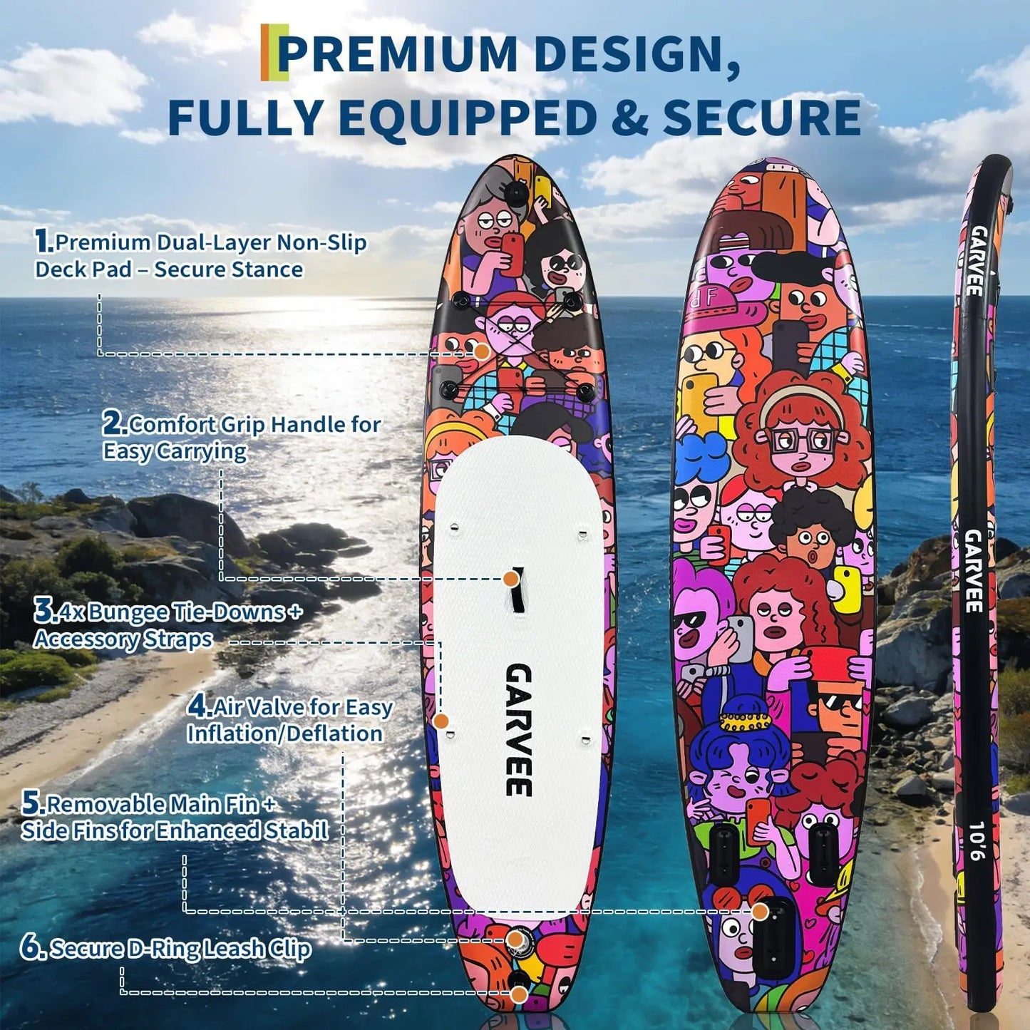 10'6" Wide Stable Inflatable Stand Up Paddle Board for Adults, Complete SUP Kit with Electric & Manual Pump, Soft Seat, Camera Mount, Leash & Backpack