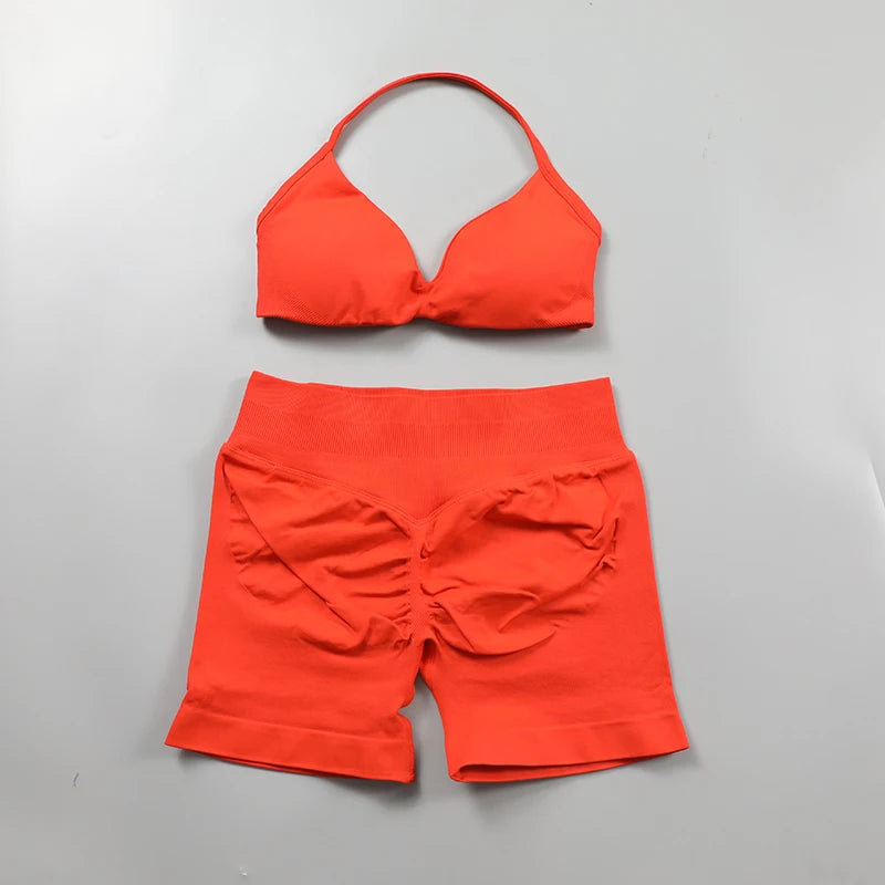 Yoga Strappy Bra Leggings Gym Set Women's Seamless High Elastic Gym Bra Vest Buttock lift Shorts Set Daily Exercise Sports Set